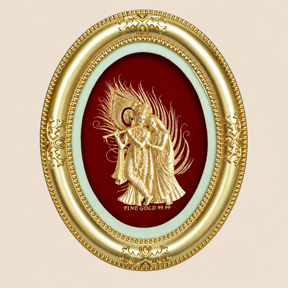 Ovaler Bilderrahmen mit 24-karätiger Goldfolien-Prägung: Radha Krishna mit Pfauenfeder